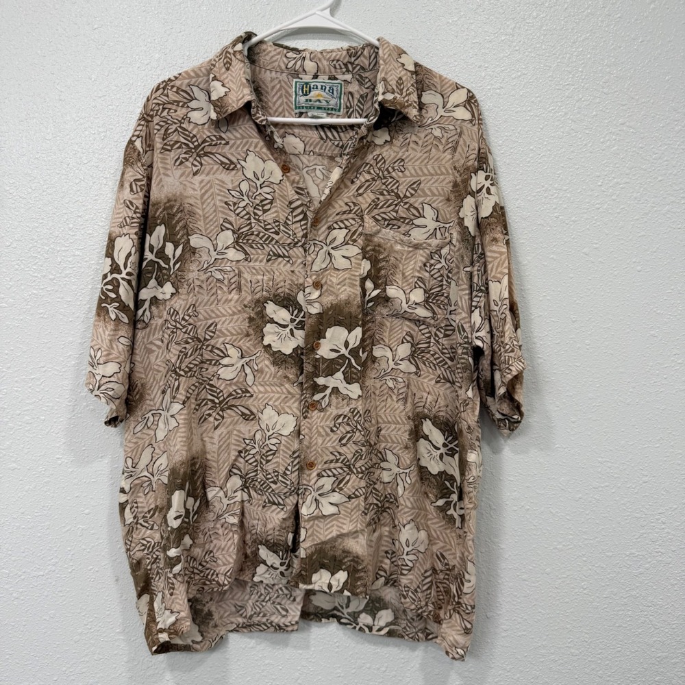 Hana Bay Island Style Mens Large Rayon Floral Hawaiian Button Down Shirt Brown